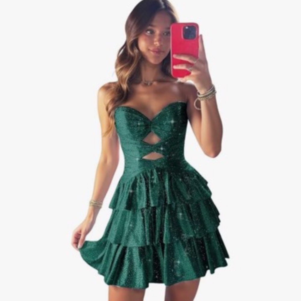 Strapless Emerald Green Ruffle Party Dress
